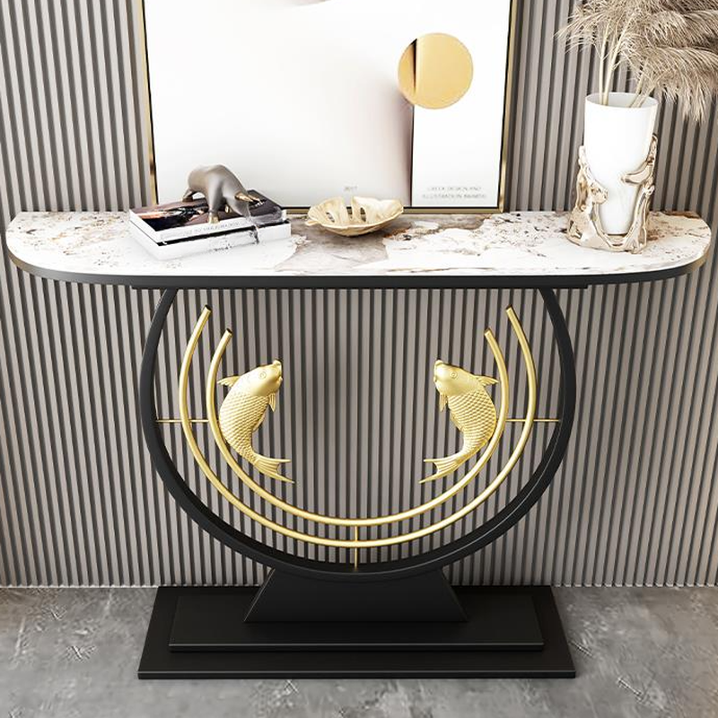 Modern Travertine Semi Circle Foyer Table with Pedestal Base, Scratch-shielded and Stain Resistant