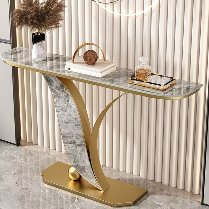 Art Deco Scratch-shielded Semi Circle Sintered Stone Pedestal Foyer Table, Stain Resistant