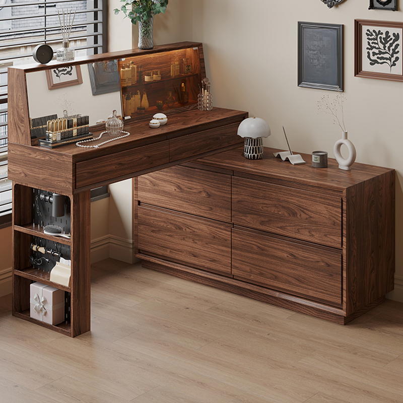 Pecan Simplistic Wood Vanity Set, Large with 6 Drawers, No Suspension