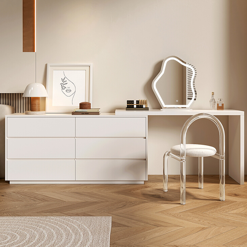 Simplistic Particle Board Wood Large Makeup Vanity with 6 Drawers, No Suspension