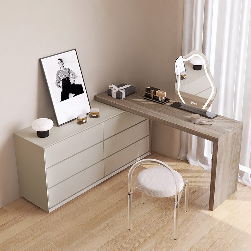 Light Gray Simplistic Engineered Wood Large Makeup Vanity with 6 Drawers, No Suspension