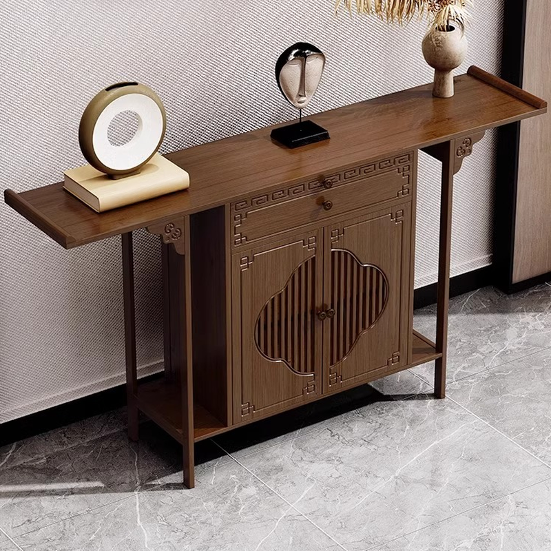 Lumber Top Foyer Table with 1 Drawer, 1 Cabinet, and 2 Shelves