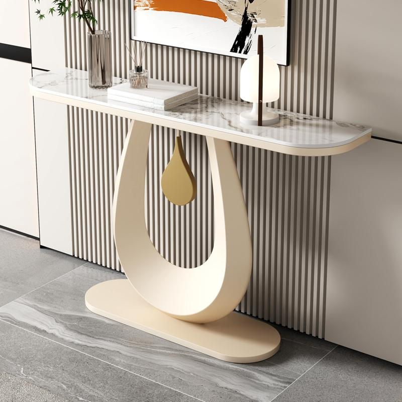 Modern White Sintered Stone Curved Foyer Table with U Shaped Base, Scratch-shielded and Stain Resistant