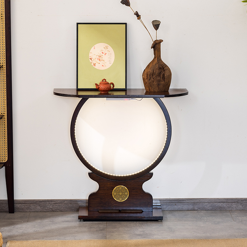 Modern Taupe Lumber Curved Top Foyer Table with Pedestal Base
