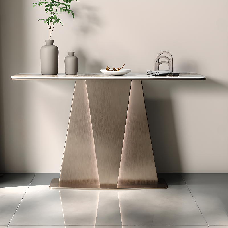 Modern White Sintered Stone Rectangle Foyer Table with Pedestal Base, Scratch-shielded and Stain Resistant