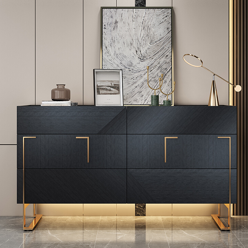 Sleek Midnight Black Simple Timber Console Dresser with 6 Drawers, Horizontal Orientation
