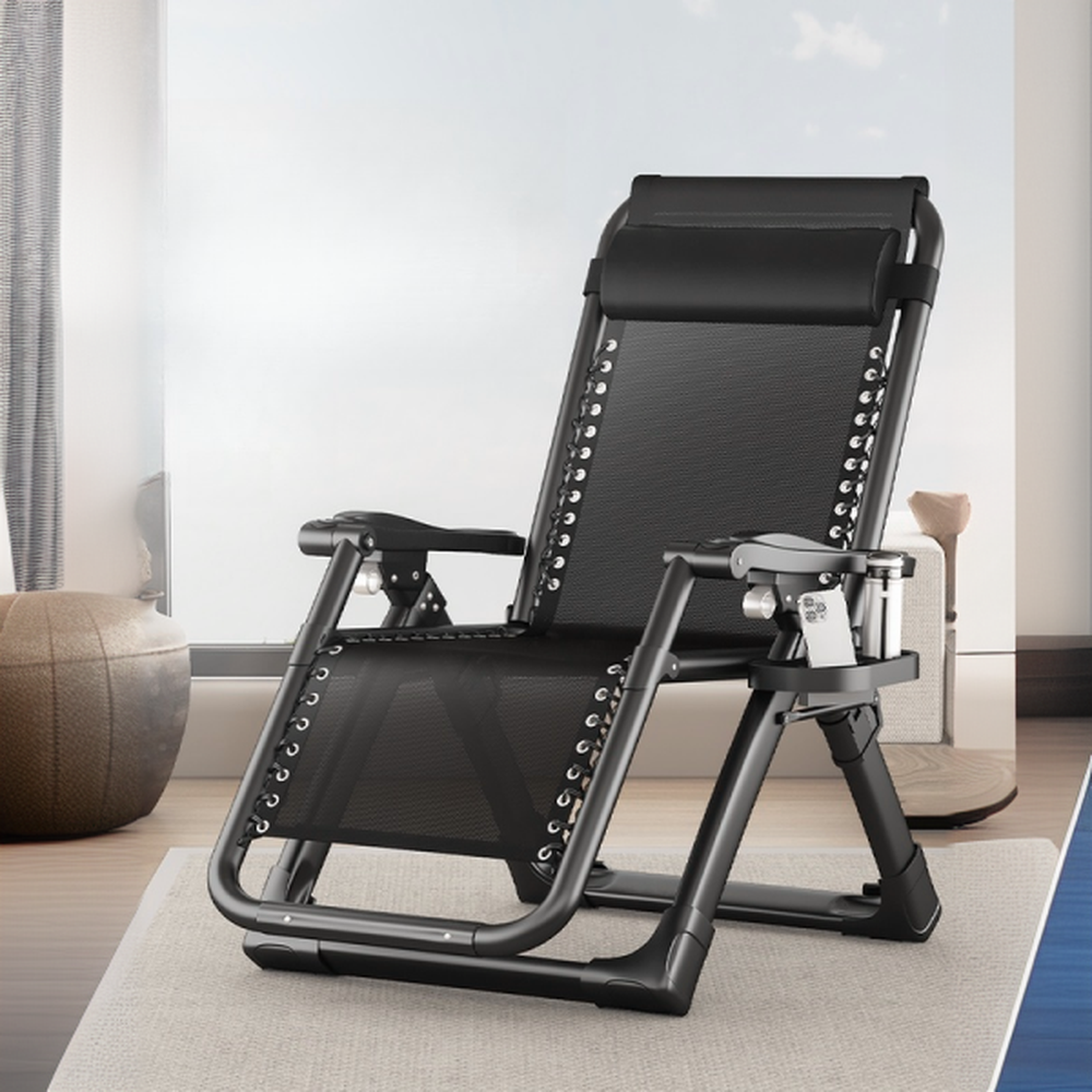 Natural Finish/Midnight Black Alloy Reclining Reading Chair with Cup Holder, Independent Foot Movement, Locking Back Angle & Pillow, Non Rocking