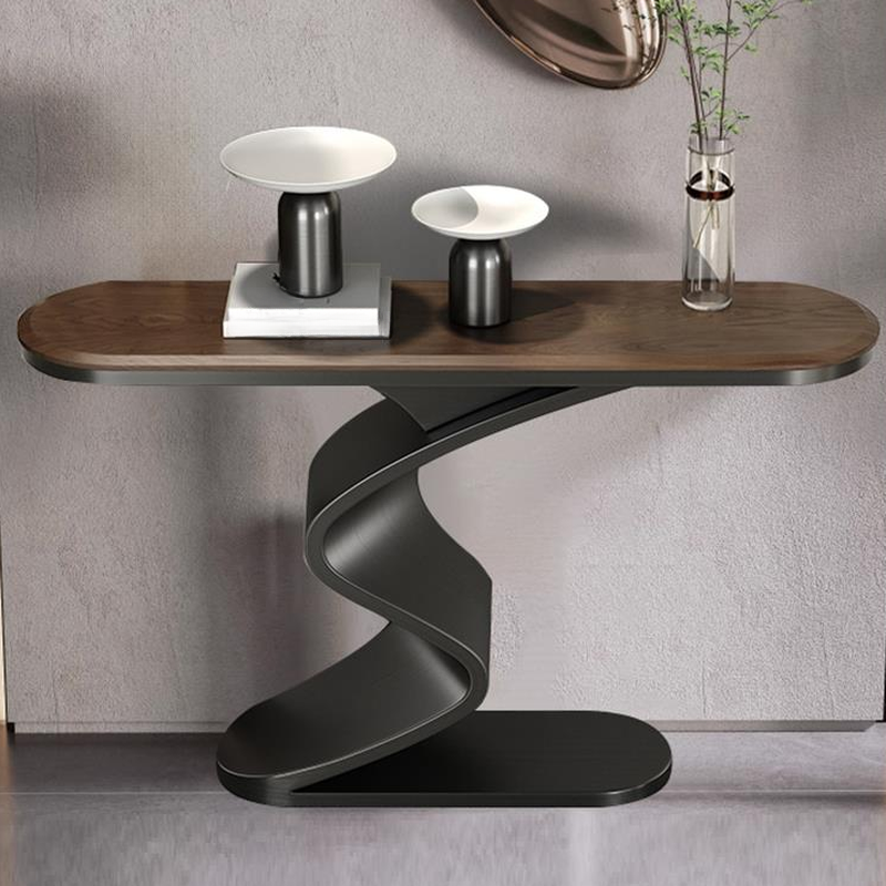 Contemporary Console Table with Wood/Sintered Stone Top, Pedestal Base, Scratch-shielded, Elliptical Shape, Stain Resistant