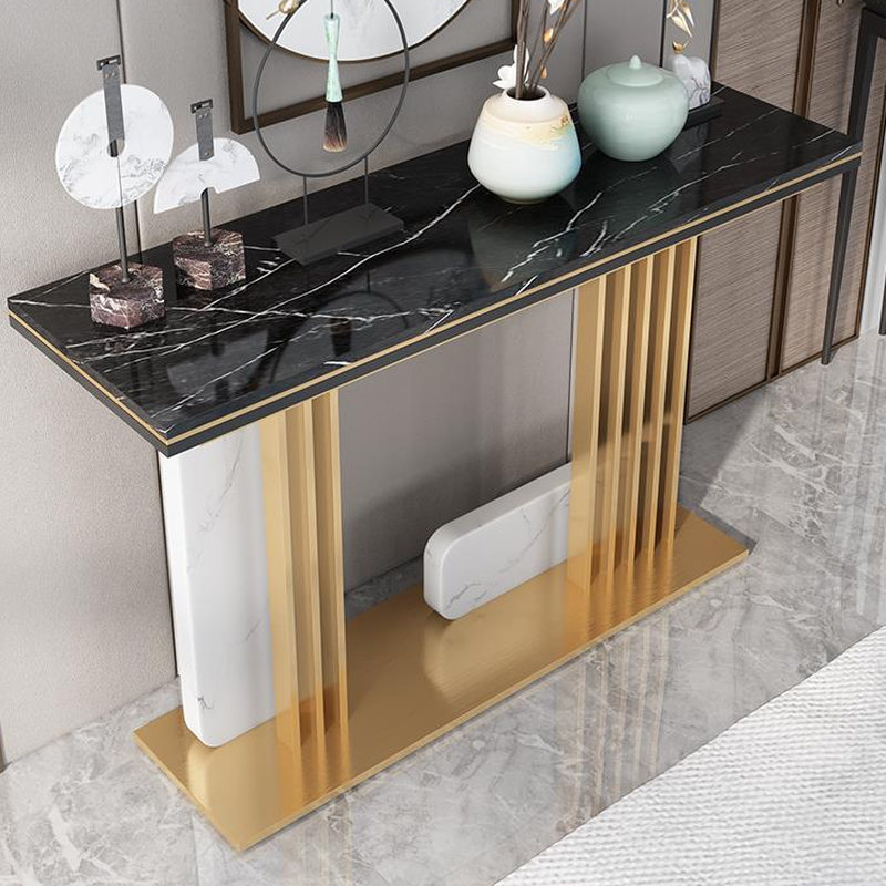 Art Deco Sintered Stone Console Table with Pedestal Base, Scratch-shielded and Stain Resistant Rectangle Top