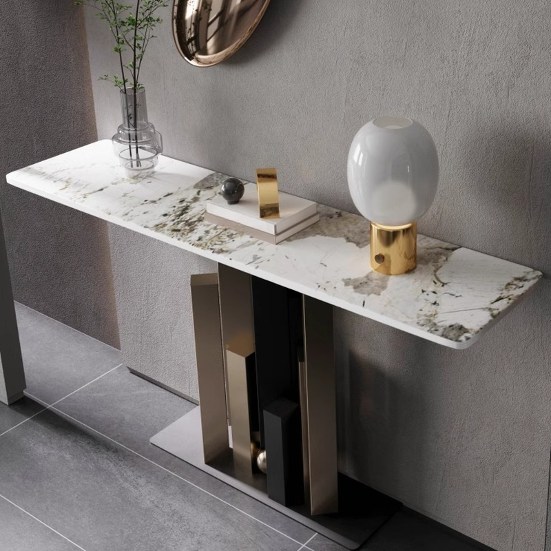 Contemporary Console Table with Sintered Stone Top on Pedestal Base, Scratch-shielded and Stain Resistant Rectangle