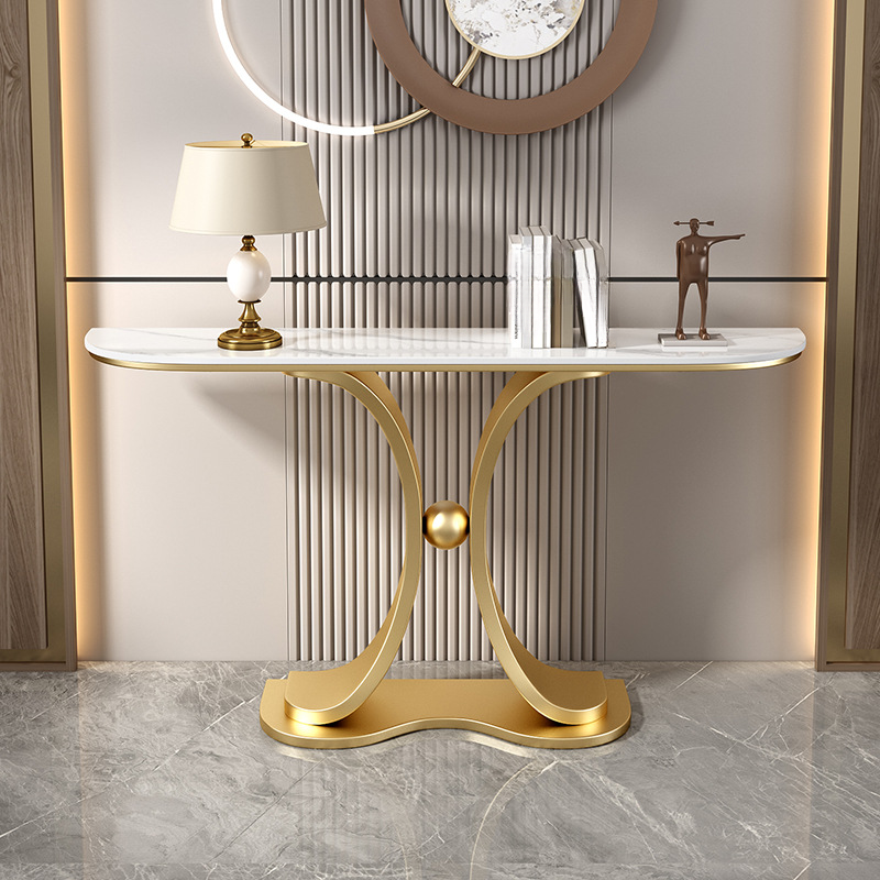 Art Deco/Contemporary Sintered Stone Pedestal Console Table with Scratch-shielded Free Form Top, Stain Resistant