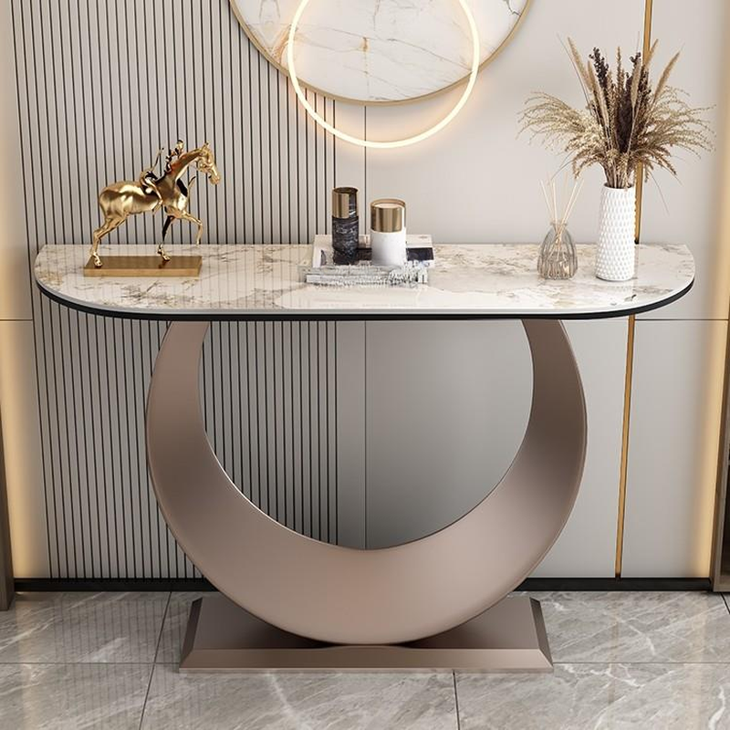 Contemporary/Art Deco Console Table with Scratch-shielded Sintered Stone Top, U Shaped Base, Free Form Shape, and Stain Resistance