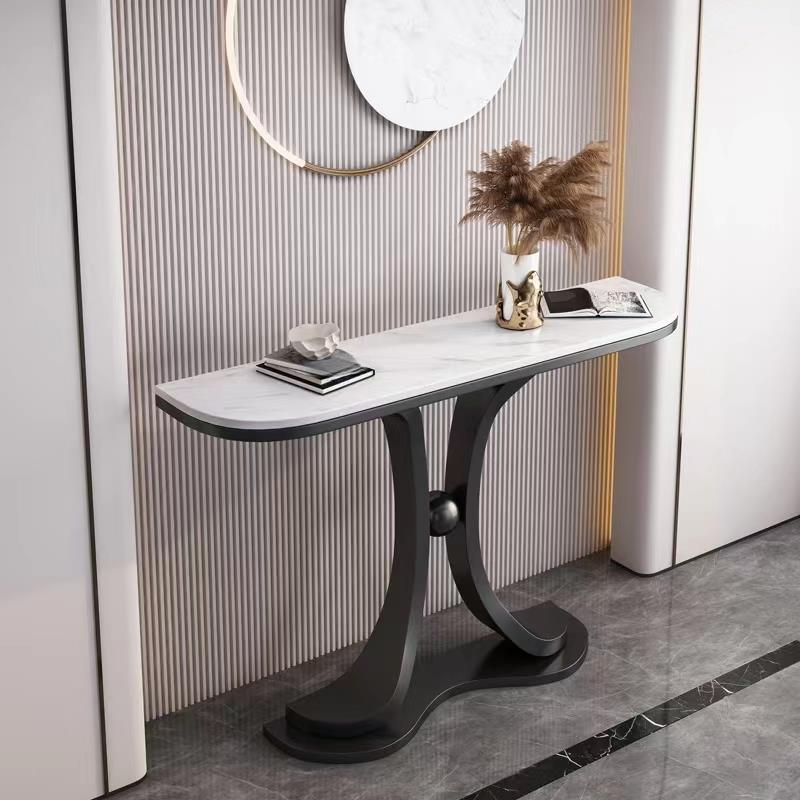 Art Deco/Contemporary Sintered Stone Console Table with Pedestal Base, Scratch-shielded and Stain Resistant Free Form Top