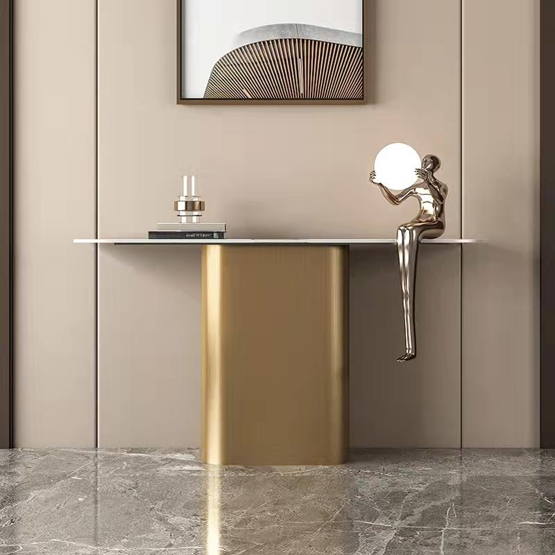 Contemporary White Free Form Sintered Stone Console Table on Pedestal Base, Scratch-shielded and Stain Resistant