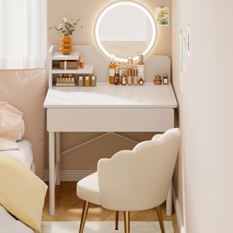 Multi-Purpose Push-Pull Vanity Set/Makeup Vanity with Aureate Seat, Tabletop Storage and Led with Adjustable Touch & Adjustable Brightness