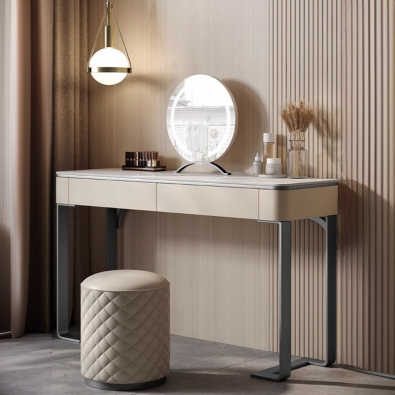 Tan Seated Multi-Purpose Vanity Set with Lighting, Push-Pull, Adjustable Touch, and Brightness Control