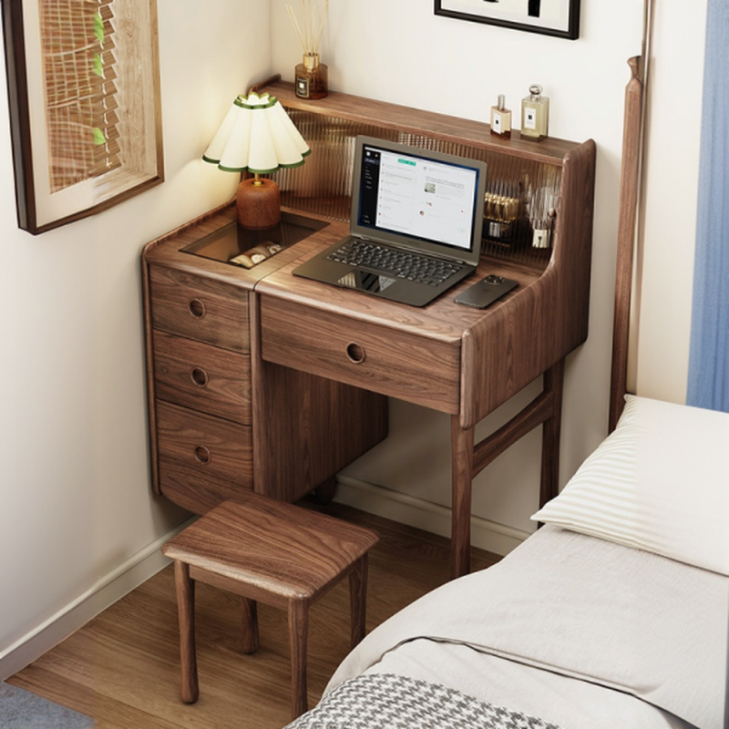 Pecan Walnut Wood Vanity Set with Tabletop Storage