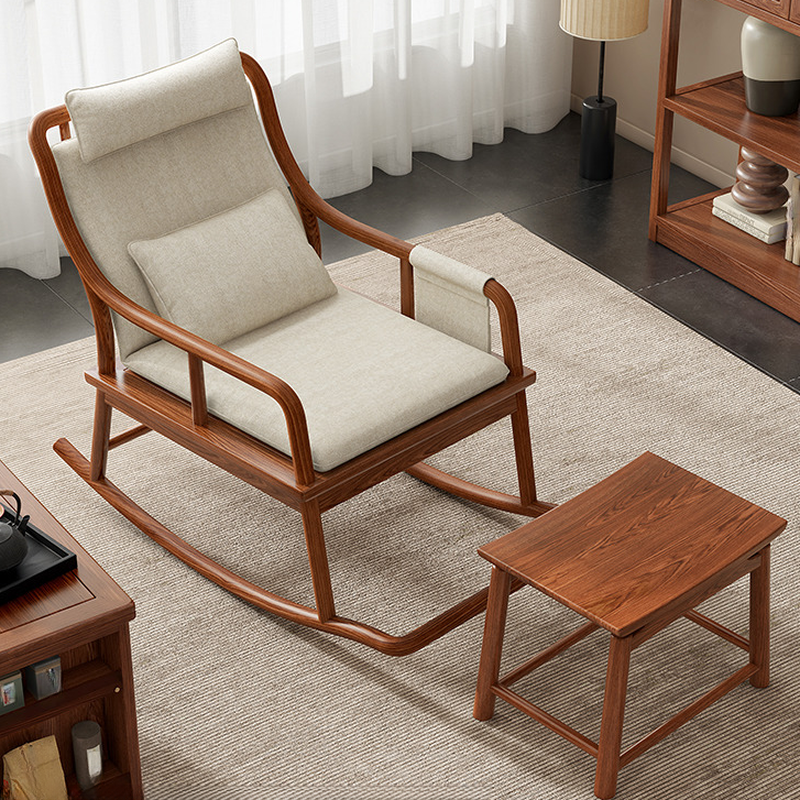 Simplistic Upholstered Rocking Chair with Ottoman, 2 Piece Set, Padded with Track Arm and Pillow