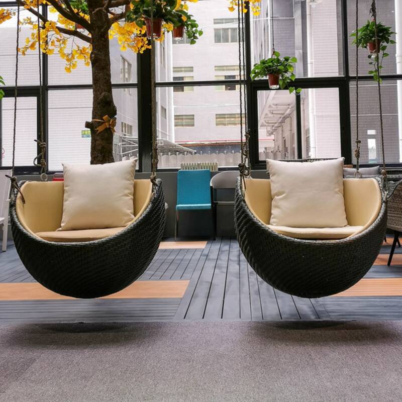Dove Grey Woven Basket Hanging Porch Swing with Cushions, Alloy Frame and Chain