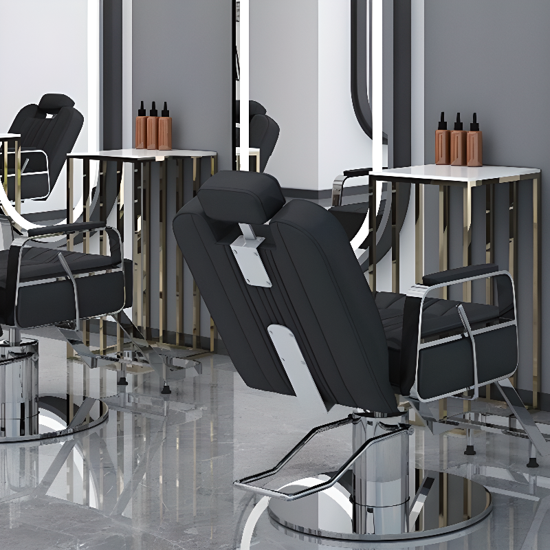 L-Shape Stain Resistant Striped Reclining Barber Chair with Manual - Lever Tilt and Solid Back Panel
