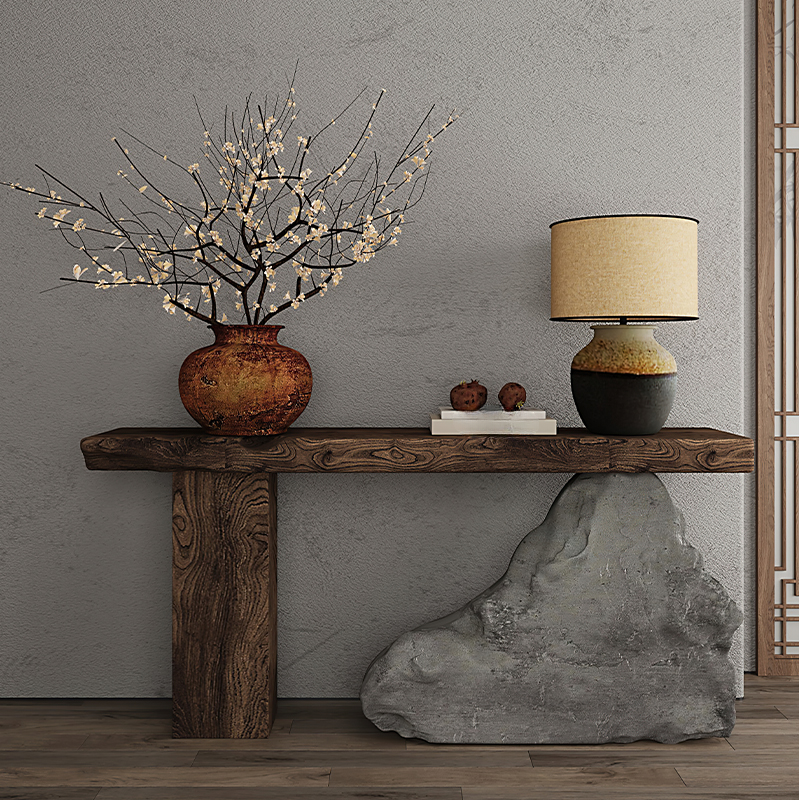 Ultra Modern Console Table Desk with Wood Scoring, Timber Top, Twin Pedestal Base, and Rectangular Shape