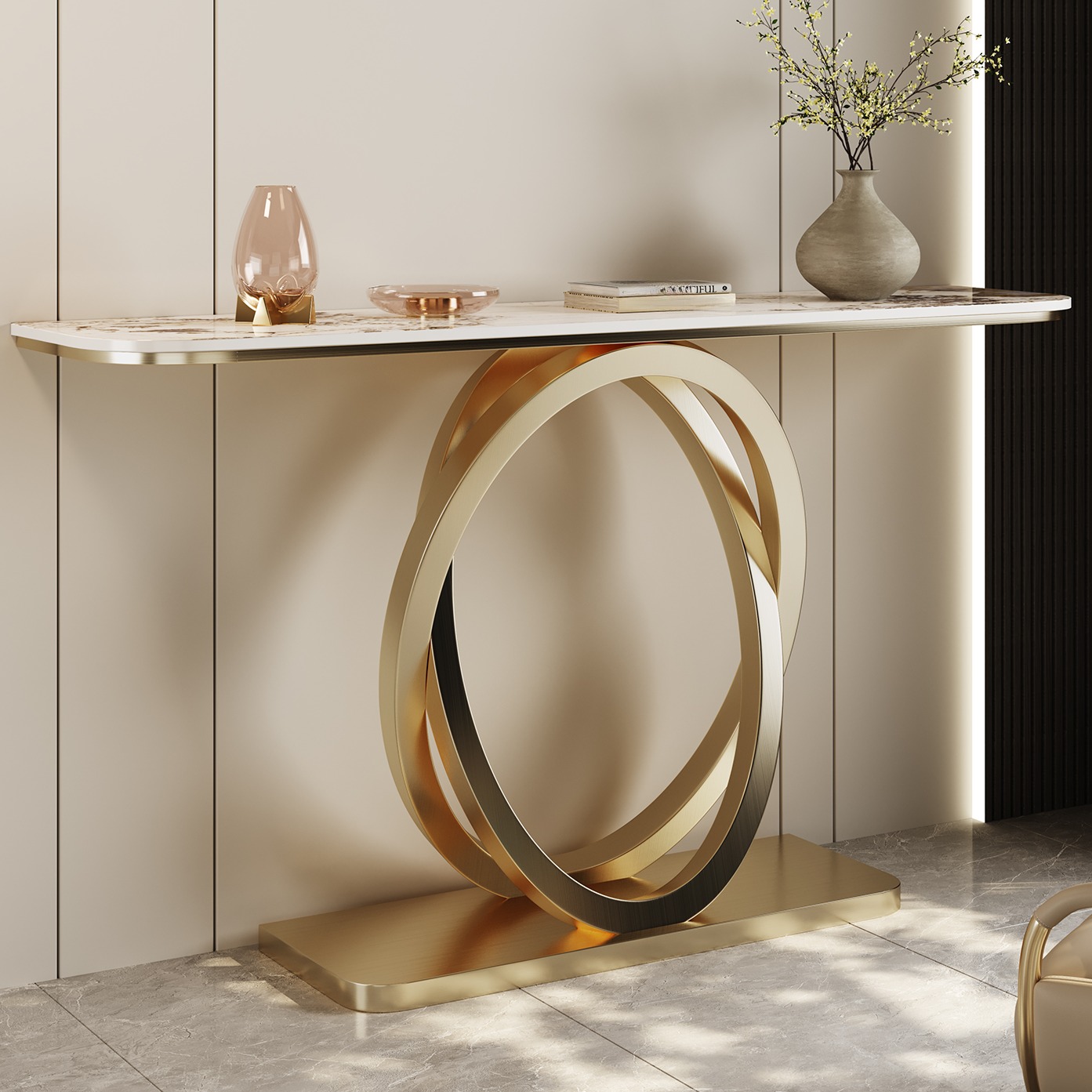 Ultra Modern White Free Form Stone Top Console Desk with Stump Base, Scratch-immune and Stain Resistant