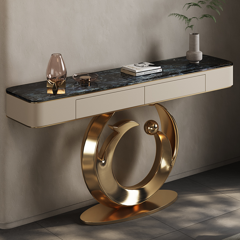 Luxury Stone Dark Blue Console Table Desk with 2 Drawers