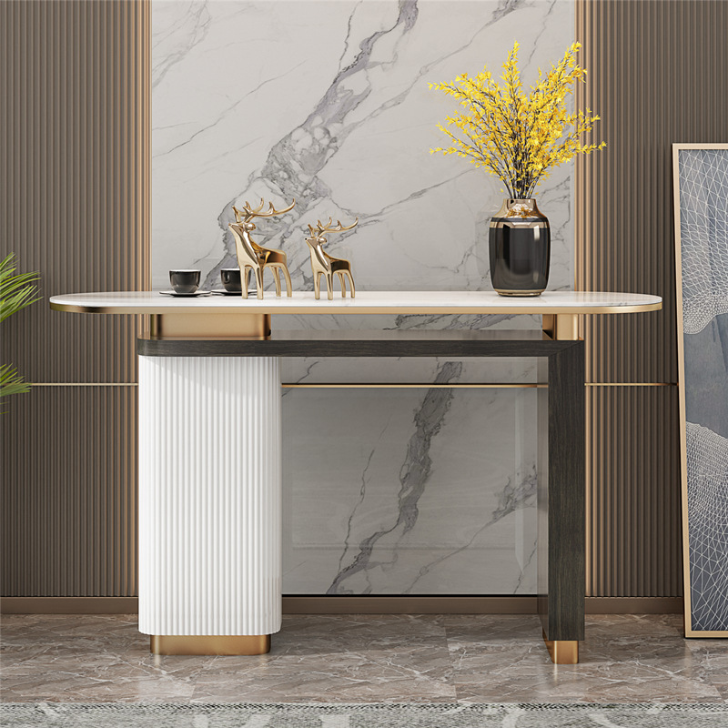 Ultra Modern Stone Top Console Table Desk with Twin Pedestal Base, Ink Colour, Scratch-immune, Oblong, Stain Resistant