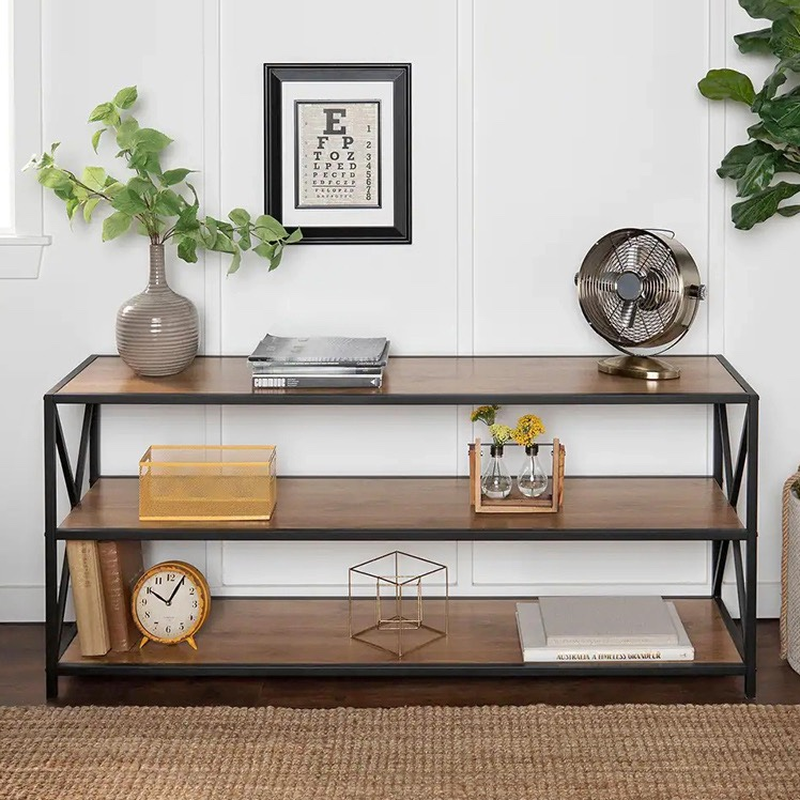 Modern Wood Console Table Desk with Four Legs, Grey/Sepia Rectangle Top and 2 Shelves