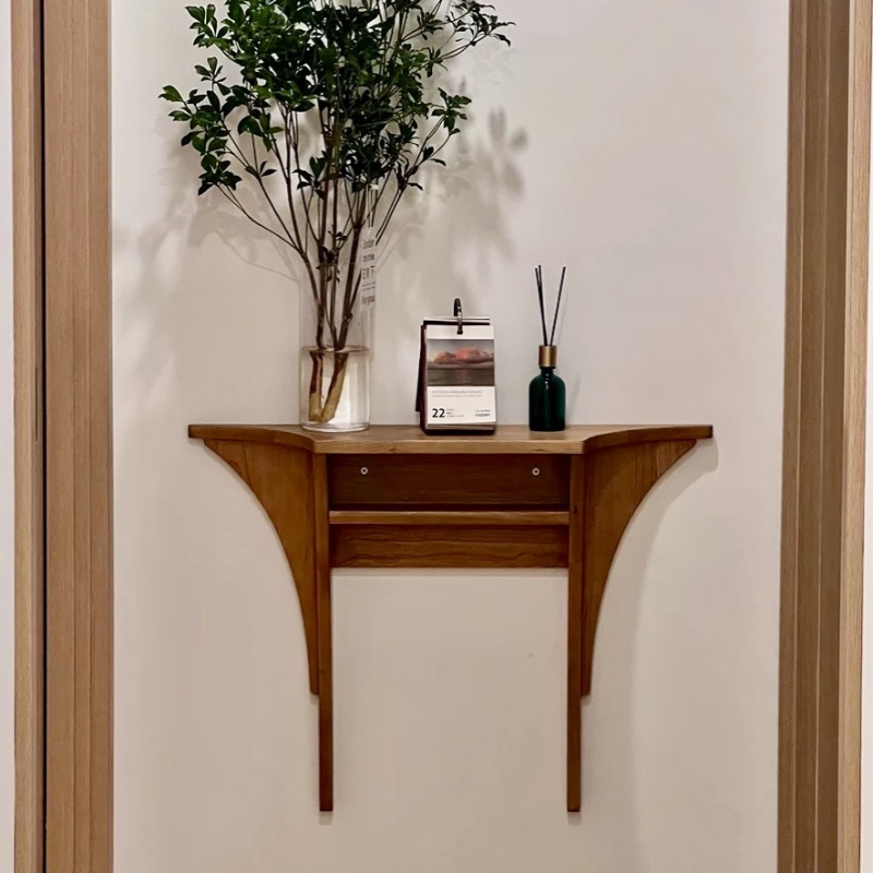 Simple Wood Console Stand with Twin Pedestal Base, Sepia Free Form Top, and 1 Shelf