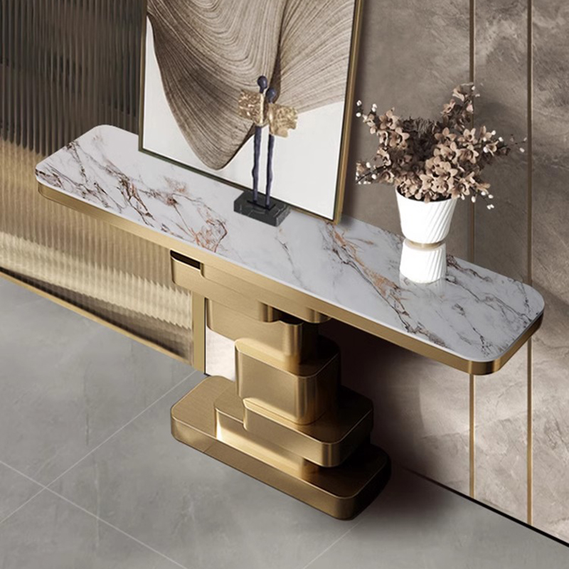 Luxurious White Stone Console Table Desk with Stump Base, Scratch-tolerant and Stain Resistant Rectangle Top