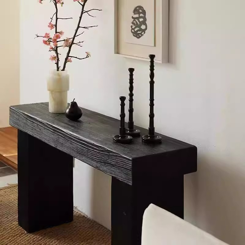 Simplistic Timber Hallway Table with Charcoal Colour on Twin Pedestal, Rectangular Shape