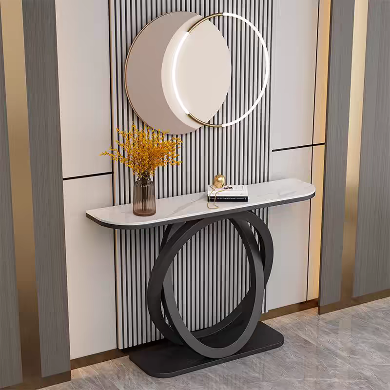 Modern/Luxurious Stone Console Table Desk with Geometric Base, Scratch-tolerant and Stain Resistant Free Form Top