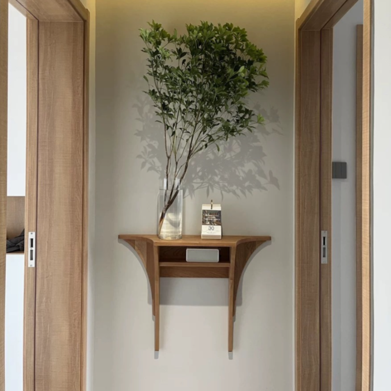 Modern Wood Console Table Desk with Twin Pedestal Base, Sepia Free Form Top, 1 Shelf