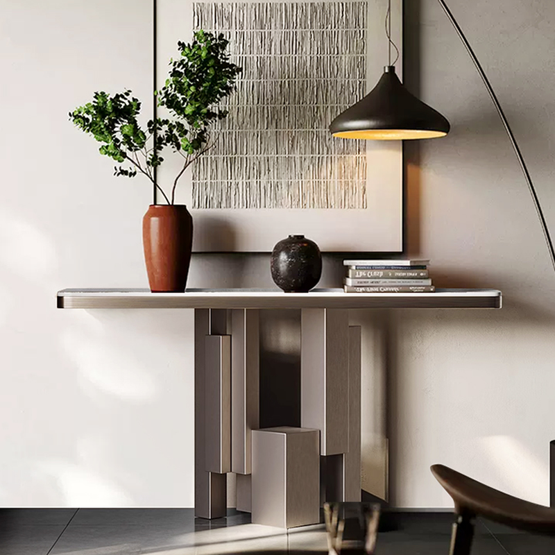 Modern White Stone Console Table Desk with Aesthetic Base, Scratch-tolerant and Stain Resistant Rectangle Top