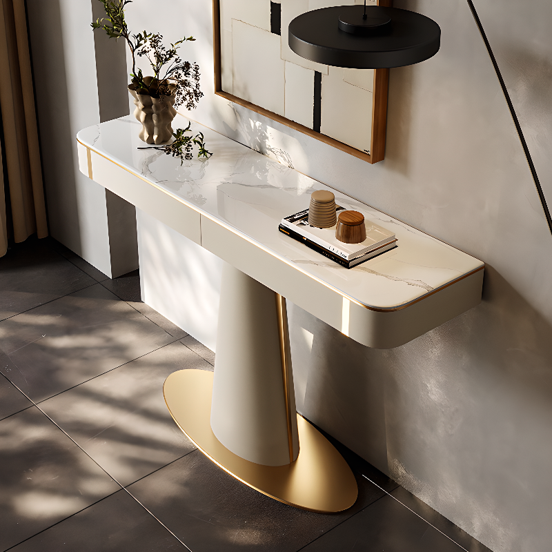 Modern Simple Style/Art Deco Hallway Table with Stone Top, Stump Base, Scratch-proofed, Soft Close Drawers, and Stain Resistant