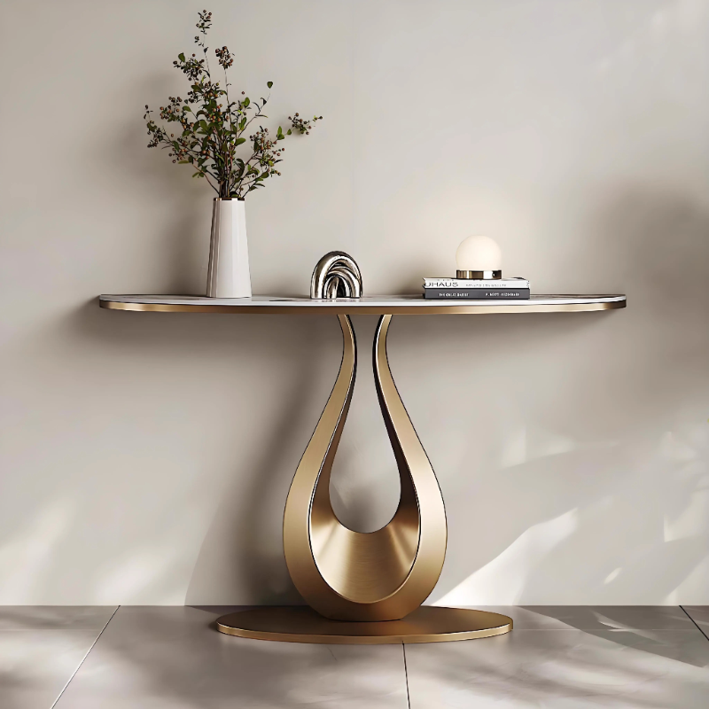 Modern Simple Style Stone Stump Base Hallway Table with Scratch-proofed Semi Circle Top, Stain Resistant
