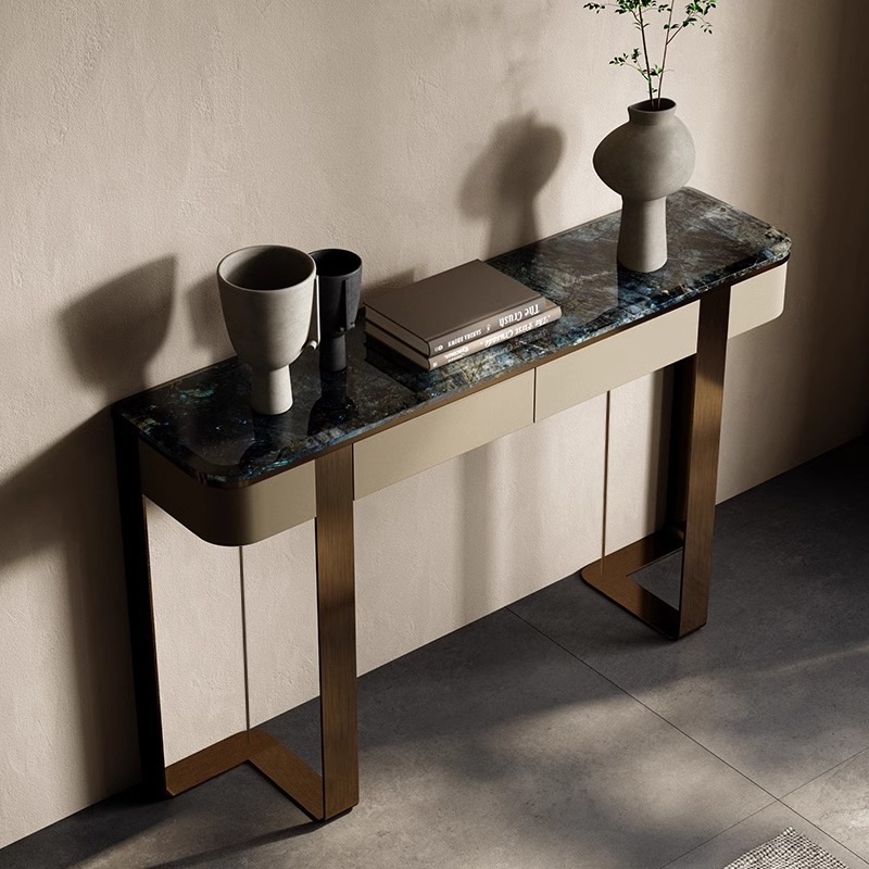 Casual Stone Entryway Table with Twin Pedestal Base, Scratch-proofed, 2 Drawers, and Stain Resistant