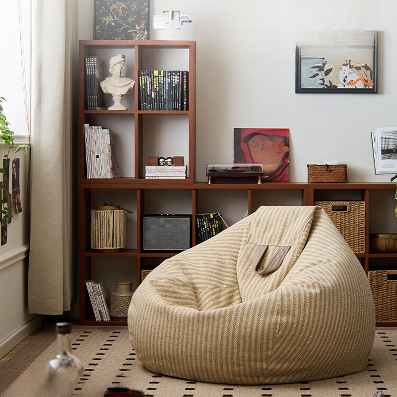 Striped Gray/Crimson/Cream Cotton Blend Bean Seat, Pre-Filled with Expanded Polypropylene Beans, Zipper Closure, Bean Bag Chair