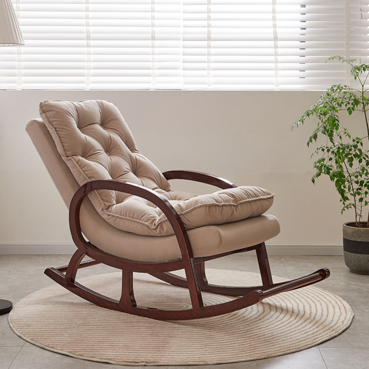 Grey/Blush/Light Green Modish Upholstered Rocking Accent Chair with Round Arm