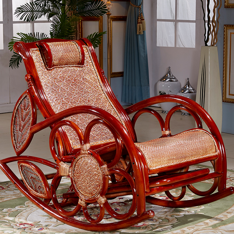 Antique Ratten Upholstered Rocking Accent Chair with Recessed Arm