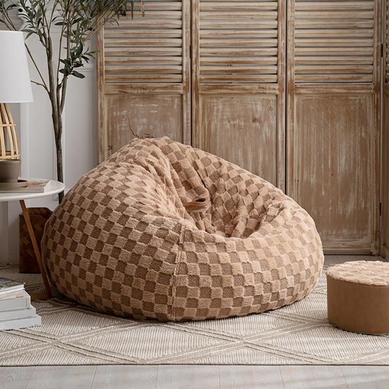 Checkered/Solid Colour Mohair Bean Seat in Light Gray/Peony/Tan with Removable Cover, Pre-Filled Bean Bag Chair