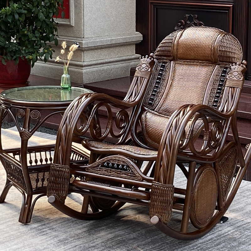 Scarlet/Walnut/Orange Modish Ratten Rocking Chair with Track Arm and Upholstery