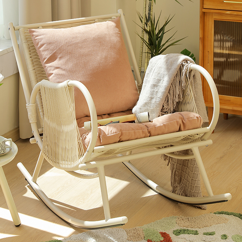 White/Peony Modish Alloy Rocking Accent Chair with Upholstery and Round Arm