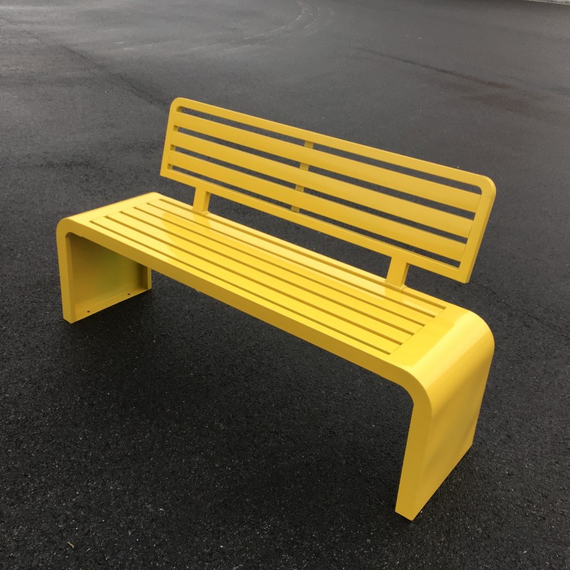 Contemporary Yellow/Navy Blue/Orange Patio Bench in Steel With Double Pedestal Base