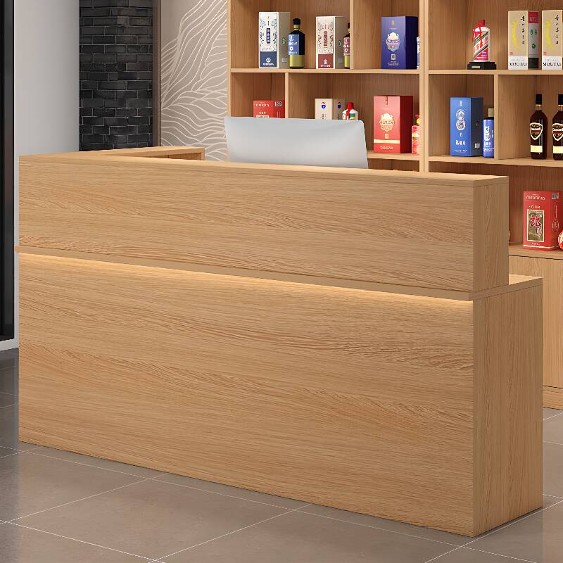 L-Shape Reception Desk with Hutch, Keyboard Tray, Cable Management, Desk Return, Wood Colour Top, and Manufactured Wood Top