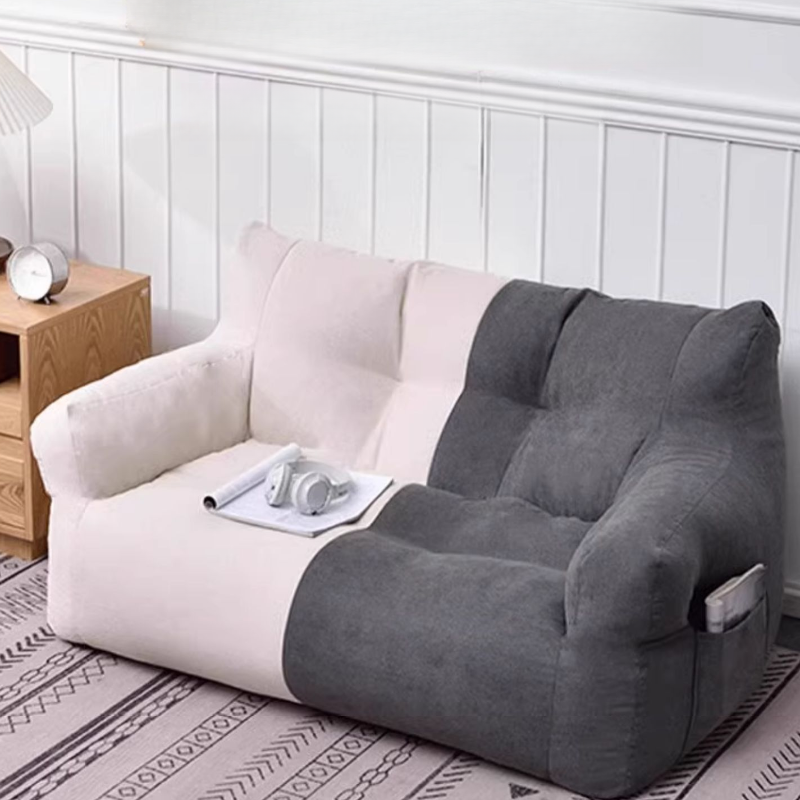 Solid Colour/Patchwork 100% Cotton Bean Bag Chair in Gray/Butter Colour/Cream, Seats 2/1 with Pre-Filled Removable Cover