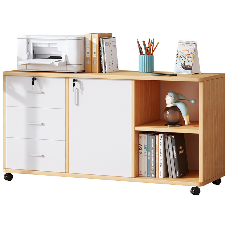 Casual Composite Wood Free Standing Vertical Filing Cabinet with Swivel Wheels, 3 Drawers, and Key Lock