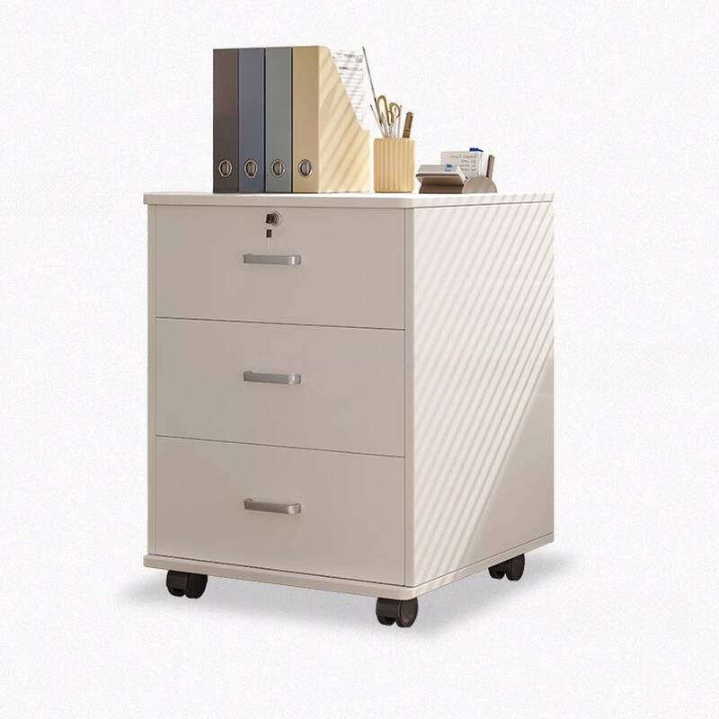 Casual Composite Wood Lateral Filing Cabinet with Swivel Wheels, 3 Drawers, 2 Shelves, and Key Lock