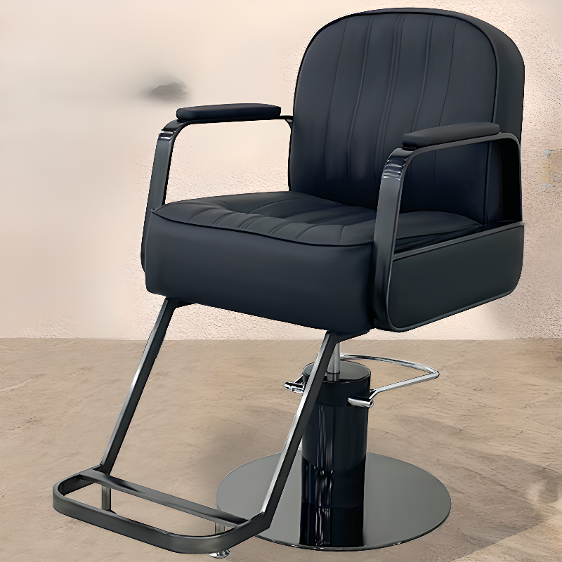 L-Shape Waterproof Ink/Grey Striped Upholstered Leather Barber Chair with Stainless Steel Foot Platform